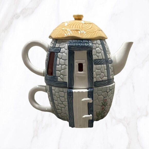 Ceramic Stackable Blue & Gray Cottage Themed 3 Piece Individual Teapot & Cup Set - Picture 2 of 5
